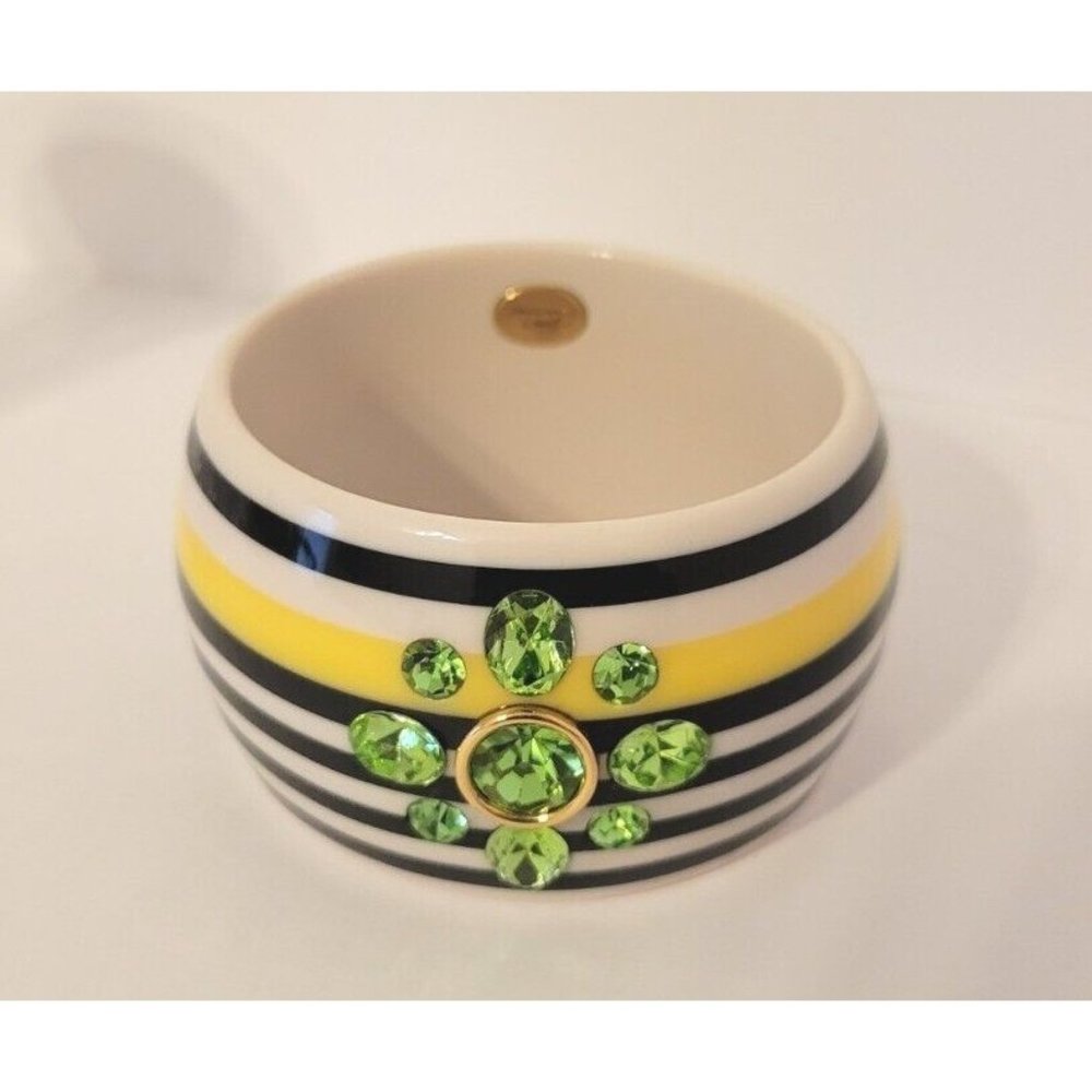 Juicy Couture Lucite Bangle Bracelet Black, White, Yellow Striped, Crystal Bling